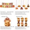 Thanksgiving Party Deko Set mit Banner Hängewirren und Tortenstecker für festliche Feierlichkeiten. - Dekor 4-teiliges Set (Banner 14P + Wirbel 6P + Großer Topper 1P + Kleine Topper 24P)