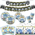 Polizeiauto Geburtstag Party Deko Set mit Banner Pappteller Bechern Servietten Tischdecke. - 6-teiliges Set (Mit Tischdecke Banner) / 6-Teiliges Set