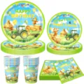 Traktor Party Geschirr Set, Pappteller, Becher und Servietten für den Kindergeburtstag. - Vogelscheuche Traktor / 4-teiliges Set