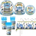Cartoon Polizeiauto Geburtstag Party Geschirr Set mit Papptellern Bechern und Tischdecke. - 8-teiliges Set (Mit Tischdecke Besteck) / 8-Teiliges Set