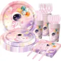 Rosa Weltraum Astronaut Party Geschirr Set, inklusive Pappteller, Becher und Servietten. - Rosa Astronaut / 7-teiliges Set (7-Zoll 10 + 9-Zoll 10 + Servietten 20 + Becher 10 + Besteck 30)