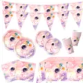 Rosa Galaxie Astronaut Geburtstag Party Geschirr Set Pappteller Becher Servietten Tischtuch - Rosa Astronaut / 6-teiliges Set (Teller/Servietten/Becher/Tischdecke/Banner)
