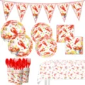 Hummer Thema Party Geschirr Set Einweg Pappteller Becher Servietten Banner Tischdecke - 9-teiliges Set (7-Zoll-Teller + 9-Zoll-Teller + Serviette + Becher + Tischdecke + Banner + Besteck)