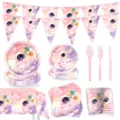 Rosa Astronaut Galaxie Geburtstag Party Geschirr Pappteller Becher Servietten Deko - 9-teiliges Set (7-Zoll 10 + 9-Zoll 10 + Servietten 20 + Becher 10 + Tischdecke 1 + Banner 1 + Besteck 30)