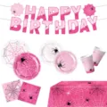Rosa Halloween Spinnennetz Geburtstag Party Geschirr Set Teller Becher Banner Tischtuch - 6er Set (Teller/Becher/Servietten/Tischdecke/Banner)
