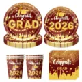 2026 Abschluss Party Einweg Geschirr Set Burgund Gold Pappteller Becher Servietten - 4-teiliges Set (Teller + Becher + Servietten) / Weinrot Gold Abschluss