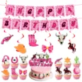 Rosa Western Cowgirl Geburtstag Party Deko Set Disco Banner Cupcake Topper - 4-teiliges Dekoset (Banner Tortenaufsätze Wirbel)