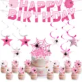 Rosa Spinnennetz Geburtstag Party Deko Set mit Banner, Spiralen und Kuchendekoration. - 4er Set (Tortenaufsatz/Hängedekor/Banner)