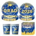 Blaues und goldenes 2026 Abschluss Party Einweg Teller und Becher Geschirr Set. - 4-teiliges Set (Teller + Becher + Servietten) / Blau und Gold Abschluss
