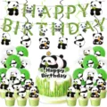 Panda Geburtstag Party Deko Set mit süßem Bambus Banner, Ballons und Tortenaufleger. - 5-Teiliges Set (Aufsätze+Wirbel+Banner+Ballons)