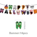 Halloween party decoration banner with spooky ghost skeleton pumpkin prints, 16pcs 15cm design - Funny Print Style (Banner 07) / 16 Pieces/Pack