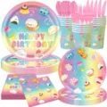 Birthday party tableware set paper plates cups napkins cute kawaii food design pastel rainbow - Squishy Food 7-Piece Tableware Set