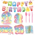 Cartoon squishy toy theme birthday party decoration tableware set with plates and cups. - Squishy Food 9-Piece Full Party Set