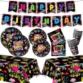 80er jahre retro party deko set mit banner teller becher servietten tischdecke zubehoer. - 6-Teiliges Set / Inklusive Tischdecke und Banner