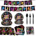 80er jahre retro party deko set mit banner teller becher tischdecke und servietten - 9er-Set / Inklusive Besteckset