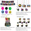 Retro 80er Jahre Party Deko Set mit Banner Ballons Hängedekoration und Tortenaufleger. - 5-Teiliges Deko-Set