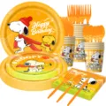 Snoopy birthday party tableware set including paper plates cups napkins and forks for kids. - 7-Piece Set: (10 Pcs 7-Inch Plates + 10 Pcs 9-Inch Plates + 20 Pcs Napkins + 10 Pcs Cups + 10 Pcs Knives/Forks/Spoons)