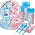 Boots or bows gender reveal party tableware set with plates, cups, napkins, and cutlery. - Pink Blue Gender Reveal / 7-Piece Set (With Cutlery)