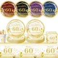 60. Geburtstag Party Deko Set Einweg Pappteller Becher Servietten Tischdecke Deko - 7 Zoll Teller / 10er Pack / Weißgold 60. Jahrestag