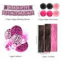 Pink leopard print birthday party decoration set with banner, balloons, and curtains. - Pink Leopard / 4-Piece Hanging Set (Banner + Balloons + Paper Pom Poms + Fringe Curtains)