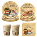 Vintage Buch Design Partygeschirr Set mit Pappteller, Bechern und Servietten fuer Leser. - 4-teiliges Set (7-Zoll-Teller x10 + 9-Zoll-Teller x10 + Pappbecher x10 + Serviette x20)