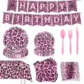 Pink leopard print birthday party tableware set, including paper plates, cups, napkins, and banner. - Pink Leopard / 9-Piece Set (7-Inch Plate 10 + 9-Inch Plate 10 + Napkin 20 + Paper Cup 10 + Tablecloth 1 + Banner 1 + Knives Forks Spoons 10 Each)