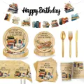Vintage Buch Design Party Geschirr Set mit Pappteller, Serviette, Becher und Tischdecke. - 9-teiliges Set (7 Zoll x10, 9 Zoll x10, Serviette x20, Becher x10, Tischdecke, Banner, Besteck)