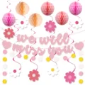 Pink retirement party decorations set with glitter banner honeycomb balls and hanging swirls - 4-Piece Set (Pink Retirement)