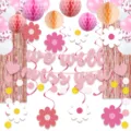 Pink retirement party decorations banner daisy hanging swirls and balloons for celebration. - 6-Piece Set (Pink Retirement)