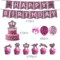 Pink leopard print birthday party decoration set including banner, cake topper and balloons. - Pink Leopard / 4-Piece Decoration Set (Banner + Large Topper + Small Toppers + Balloons)