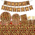 Rotes Leopardenmuster Geburtstag Party Geschirr Set mit Tellern Bechern und Servietten. - 10-Teiliges Geschirr Set