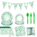 Set stoviglie festa foglia di eucalipto, piatti bicchieri tovaglia botanici. - Set 9 Pezzi (7 Pollici 10 + 9 Pollici 10 + Tovagliolo 20 + Bicchiere 10 + Festone 1 + Tovaglia 1 + Posate 30)