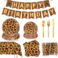 Rotes Leo-Muster Partyzubehör Detail, Pappteller Becher und Geburtstagsbanner Set. - Rotes Leopardenmuster / 9-teiliges Set (7-Zoll 10 + 9-Zoll 10 + Servietten 20 + Becher 10 + Tischdecke 1 + Banner 1 + Besteck 30)