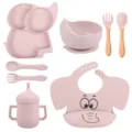Set de repas en silicone pour bébé avec assiette bol bavoir cuillère fourchette éléphant - Y26 (Bavoir Imprimé)