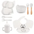 Set de repas bébé en silicone avec assiette éléphant, bol, cuillère en bois et bavoir mignon. - Y23 (Bavoir Imprimé)