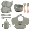 Set repas bebe silicone assiette bol cuillere fourchette tasse bavoir bebe elephant. - Y22 (Bavoir Imprimé)