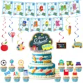 Schulanfang Party Deko Set mit Willkommensbanner und niedlichen Tortenaufsätzen für Kinder. - 4-teiliges Set / Banner 11+Großer Aufsatz 1+Kleiner Aufsatz 24+Wirbel 6