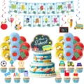 Rückkehr zur Schule Party Dekorationsset mit Willkommensbanner Ballons und Tortenaufsätzen. - 5-teiliges Set / Banner 11+Großer Aufsatz 1+Kleiner Aufsatz 24+Wirbel 6+Luftballon 18