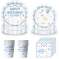 Niedliches blaues Gans Thema Geburtstag Party Einweg Pappteller Becher Servietten Set - Blau dusselige Gans / 4-Teiliges Set (7Zoll 10Stk + 9Zoll 10Stk + Becher 10Stk + Servietten 20Stk)