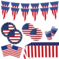 Amerikanische Flagge Partygeschirr Set mit Teller Becher Servietten Tischdecke Banner. - US-Flagge Unabhängigkeitstag / 6-teiliges Set (7-Zoll Teller 10 + 9-Zoll Teller 10 + Servietten 20 + Becher 10 + Tischdecke 1 + Banner 12)