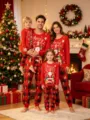 Familiebijpassende kerstpyjama set lange mouw rode top ruitjesbroek vakantie slaapkleding - Mom-S / Top en Broek / Rood