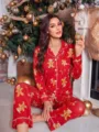 Christmas gingerbread print long sleeve pajama set women festive sleepwear loungewear details - S / Red