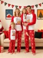 Cozy family Christmas pajamas featuring cute gingerbread man print and festive red white design. - Mom - S / Top And Bottom / Red
