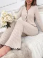 Women ribbed long sleeve button up pajama set lounge wear set detail view beige color soft fabric - S / Top And Bottom / Apricot