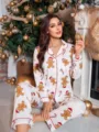 Christmas gingerbread print long sleeve pajama set for women, cozy loungewear. - S / White