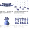 Blue retirement party decoration set details, banner, hanging swirls, and cake toppers. - 4-Piece Set: Banner + Large Topper + Small Toppers + Swirls