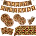 Rotes Leopardenmuster Geburtstag Partyzubehör Set mit Banner Teller Becher und Tischtuch - Rotes Leopardenmuster / 6-teiliges Set (Teller/Servietten/Becher/Tischdecke/Banner)
