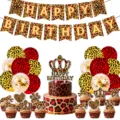 Rotes Leopardenmuster Geburtstag Party Deko Set, inklusive Banner, Ballons und Kuchendekor. - 4-Teiliges Deko-Set (Banner + Großer Topper + Kleine Toppers + Ballons)