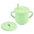 Green silicone baby training sippy cup with dual handles, straw lid and snack cup insert. - Y3 Straw Cup + Snack Lid