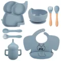 Kit de repas pour bébé en silicone avec assiette éléphant, bol, cuillère, fourchette et bavoir. - Y21 (Bavoir Imprimé)